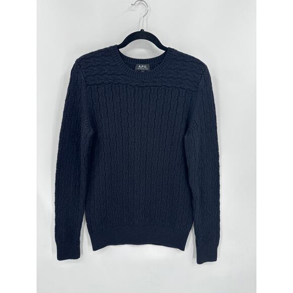 A.P.C. Black Merino Wool Cable Knit Crew Neck Sweater Size Medium - Picture 2 of 7